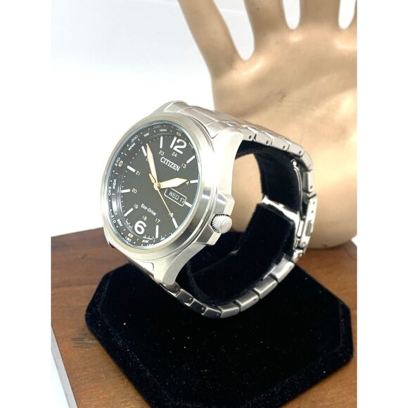 Citizen Men's Watch AW0110-58E Eco Drive Black Dial Day Date Silver Steel 44mm - Picture 2 of 15